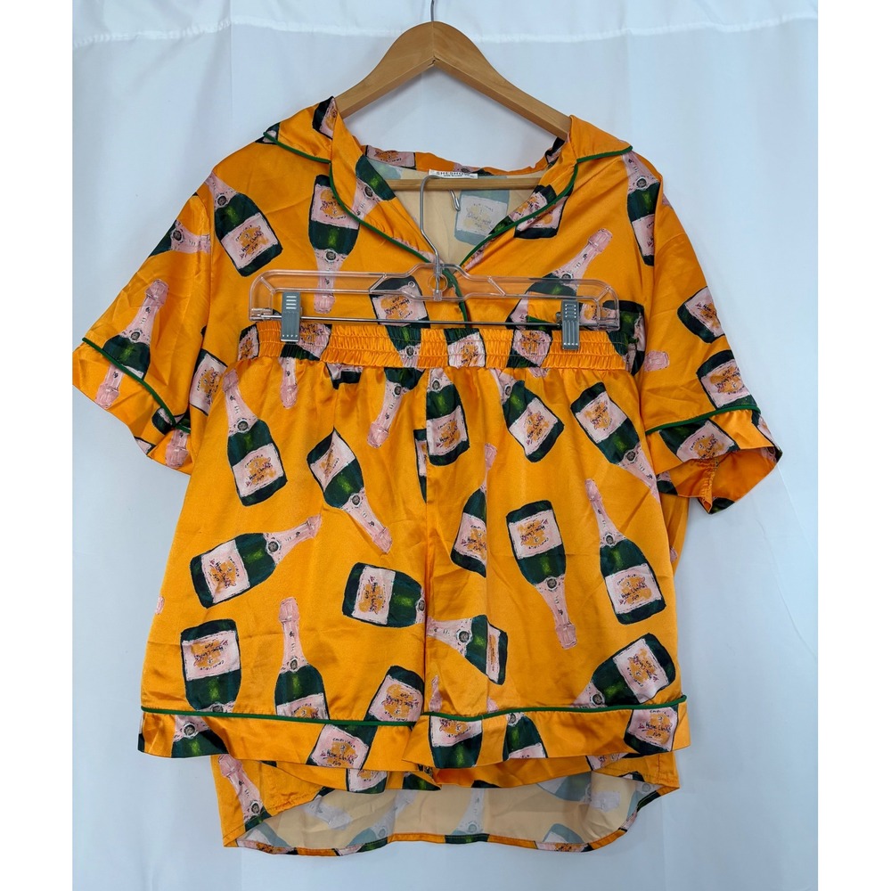 Sheshow Champagne Bottle Print Pajama Set Satin XL Short Sleeve Shorts Party